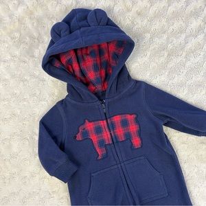 Carter’s Fleece Hooded Romper Size 3 Months Blue Red Plaid Bear